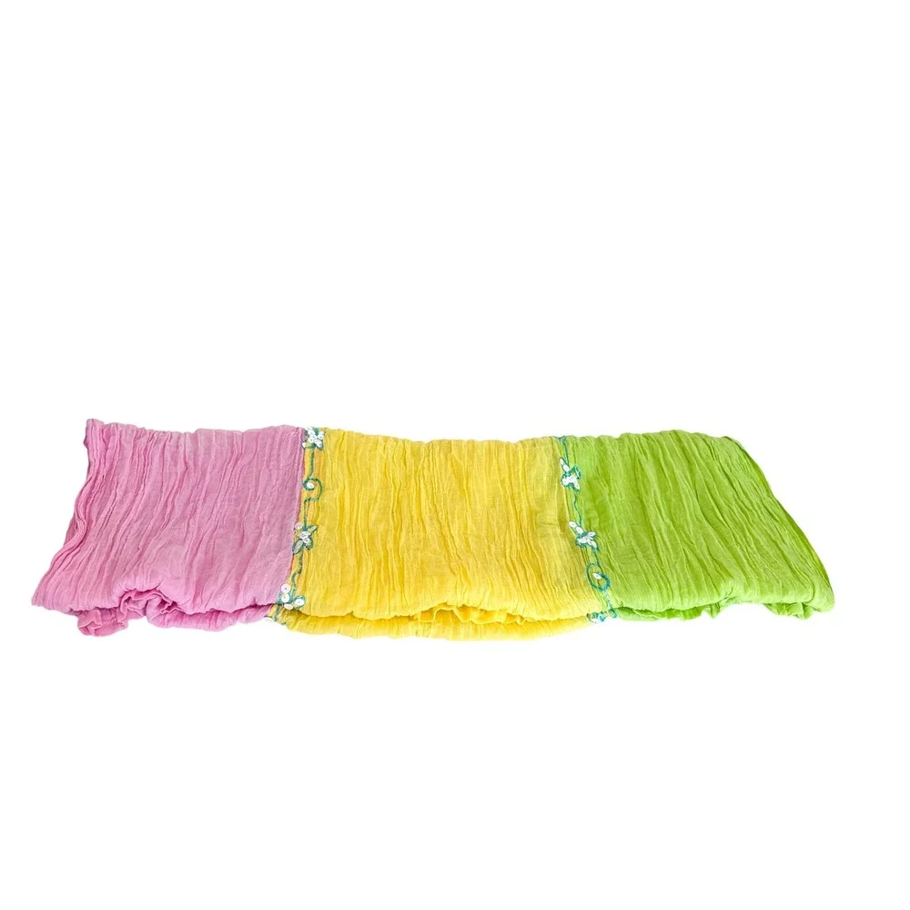 Boho Coastal Crinkle Sequin Embroidered Scarf Wrap Shawl‎ Pink Yellow Green OS